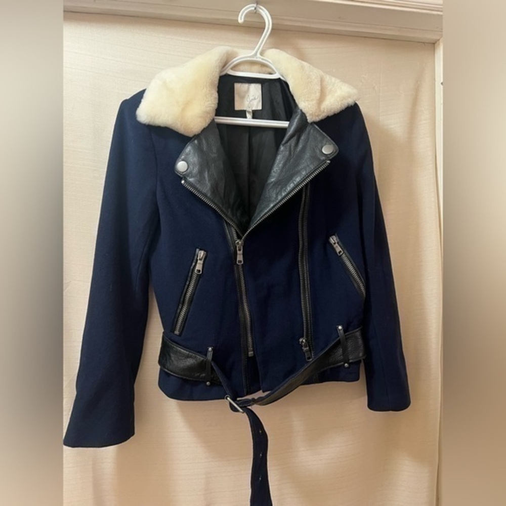 Joie Navy Wool Lamb Leather Moto Jacket Shearling Collar Belted Biker Women’s XS